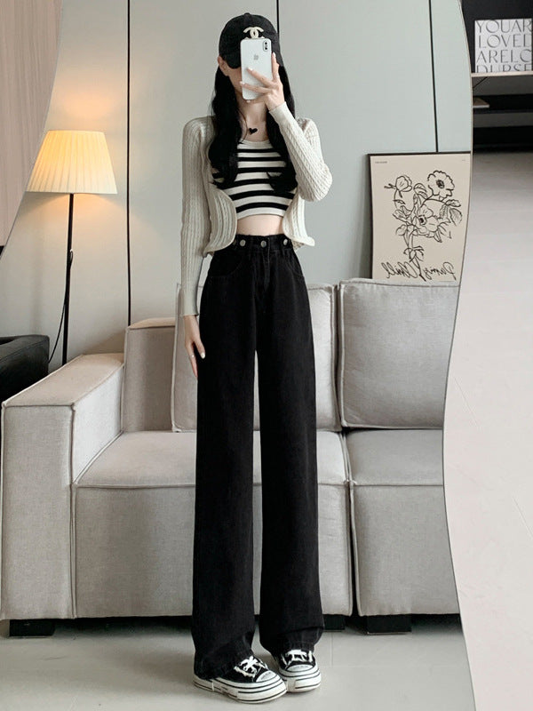 Women's Jeans Spring 2025 New Straight Loose High-Waisted Slim Petite Drapey Wide-Leg Floor-Length Pants Trendy