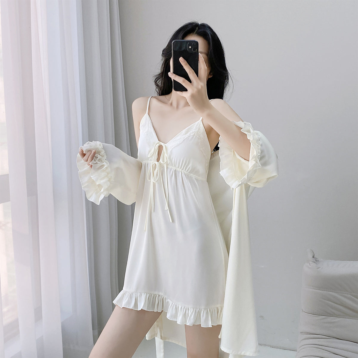 New Pajamas Women's Spring and Summer Ice Silk Thin Pure Wind Lace Belt Chest Pad Sling Nightgown Two-piece Lace Set