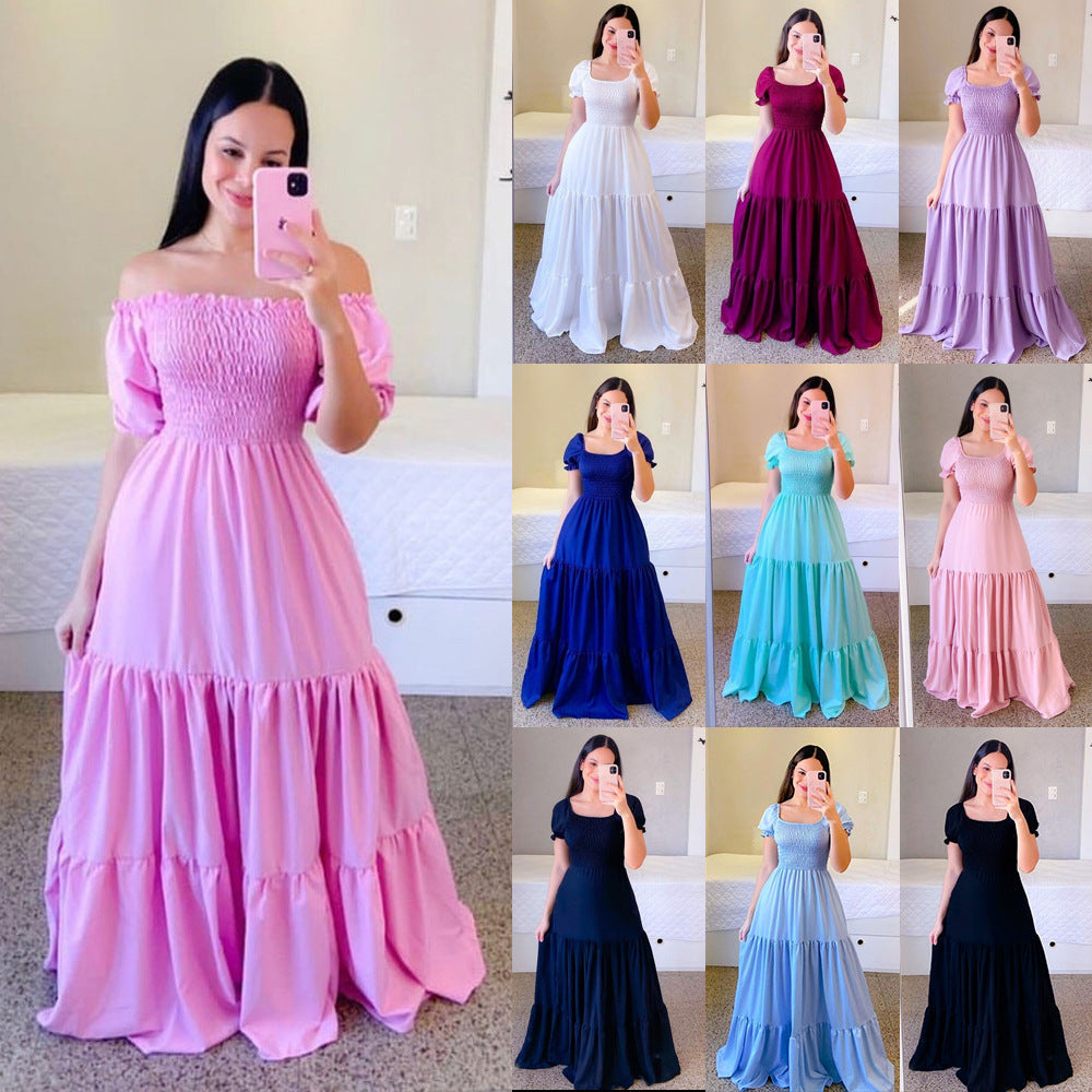 Cross-Border New Spring and Summer European and American Clothing Dress One-Shoulder Floral Off-Shoulder Long Color Fairy Skirt