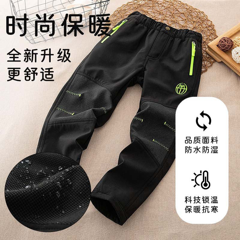 Cross-border Children Autumn and Winter Outdoor Soft Shell Rush Pants Mountaineering Jogging Pants Windproof fleece-lined Warm Pants for Boys and Girls