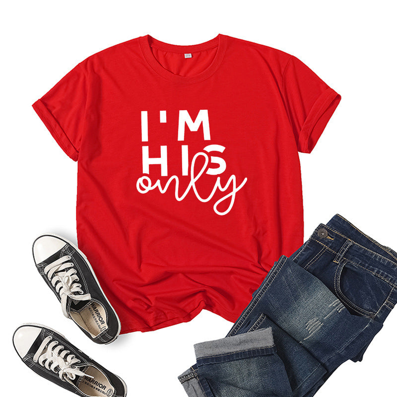 in stock Foreign Trade Cross-border I 'M HER ONE Couple Valentine's Day Printed Short-sleeved Crewneck T-shirt European and American Men and Women