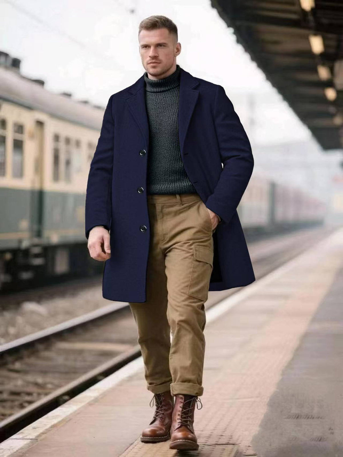 Cross-Border European Sizes Exclusively for European and American Hot-Selling Spring and Autumn Men's Lapel Slim Simple Solid Color Elegant Trench Coat