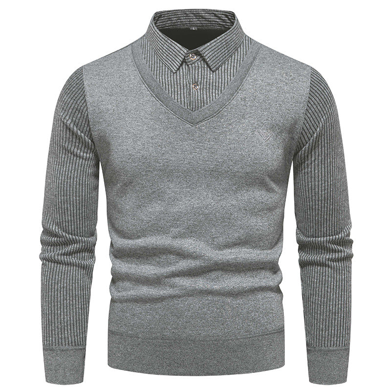 Foreign trade winter men's sweater sweater bottoming shirt fleece-lined fake two-piece shirt collar thickened warm cotton sweater men