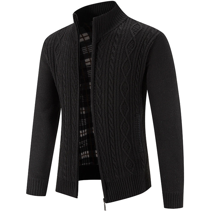 2024 new autumn and winter men's plus velvet sweater cardigan large size foreign trade stand collar fashion jacket coat men's sweater
