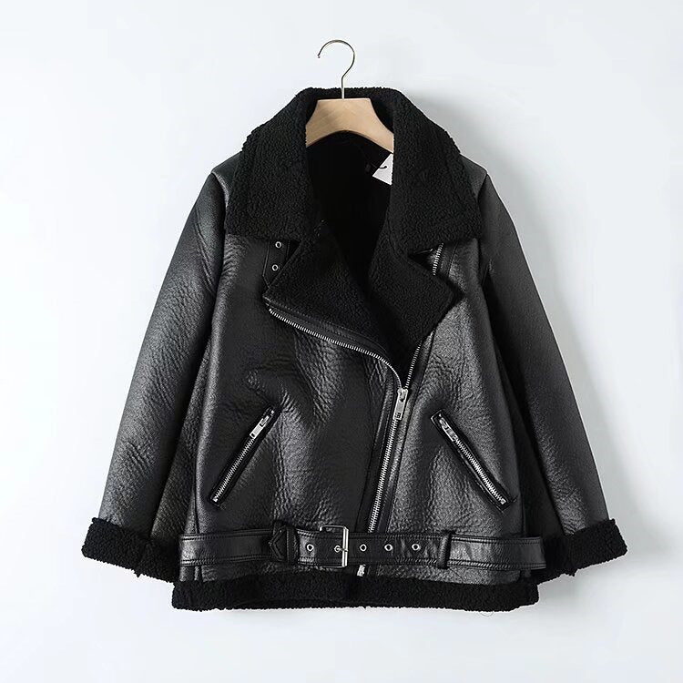 Cross-Border Foreign Trade Women's Clothing in Stock European and American Fashion Fur One-Piece Jacket Thickened Lapel Motorcycle Women's Leather Jacket