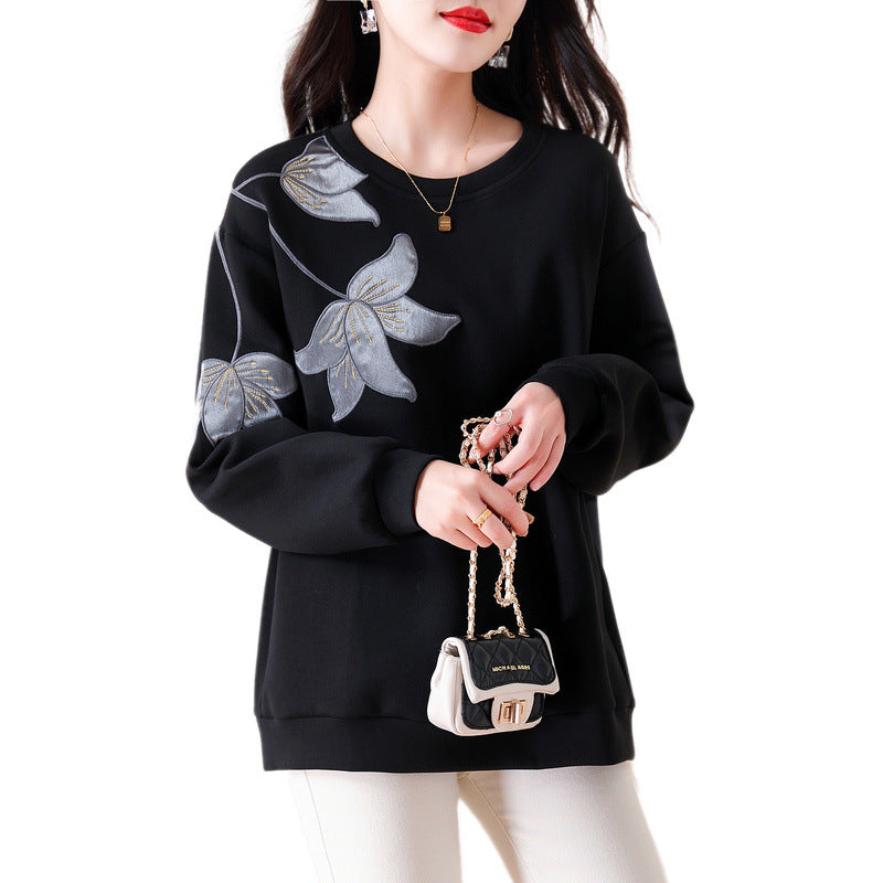 Real Shot Sweat Women's Autumn New Fashionable Elegant Loose Embroidered Top Slim Look plus size Fashionable Sweat