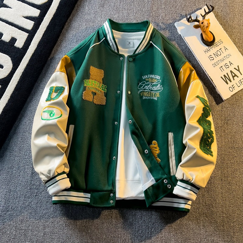 Spring and Autum Contrasting Color American Embroidered Leather Sleeve Jacket Men's/ women's  Korean Style Trendyy Baseball Uniform Autum Casual Student Jacket