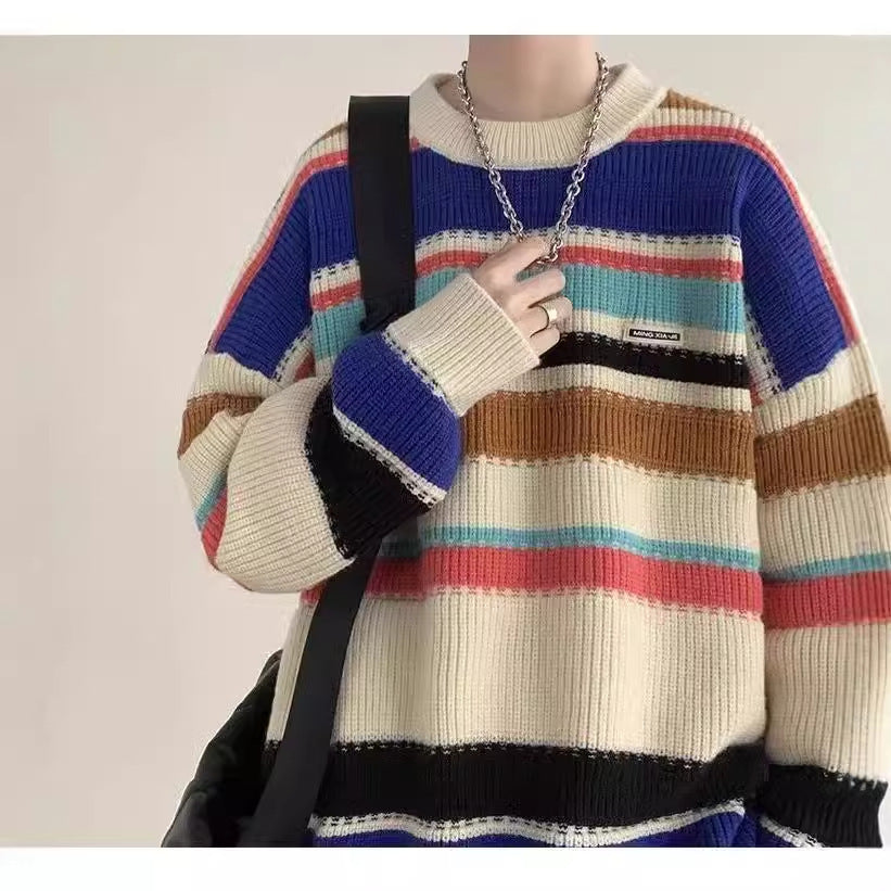 Autumn and Winter New Men's Sweater Loose Round Neck Striped Sweater Men's Fashionable Contrast Color Pullover Warm Top Clothes