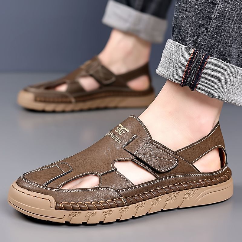 2024 Summer New Men's Handmade Online Casual Shoes Men's Hollow Breathable Leather Sandals Velcro Sandals 9197