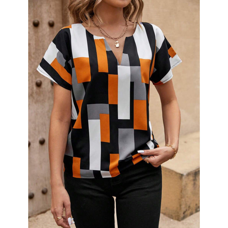 Foreign Trade New Cross-Border Blouses Geometric Print Slit Collar Shirt Short-Sleeved Top