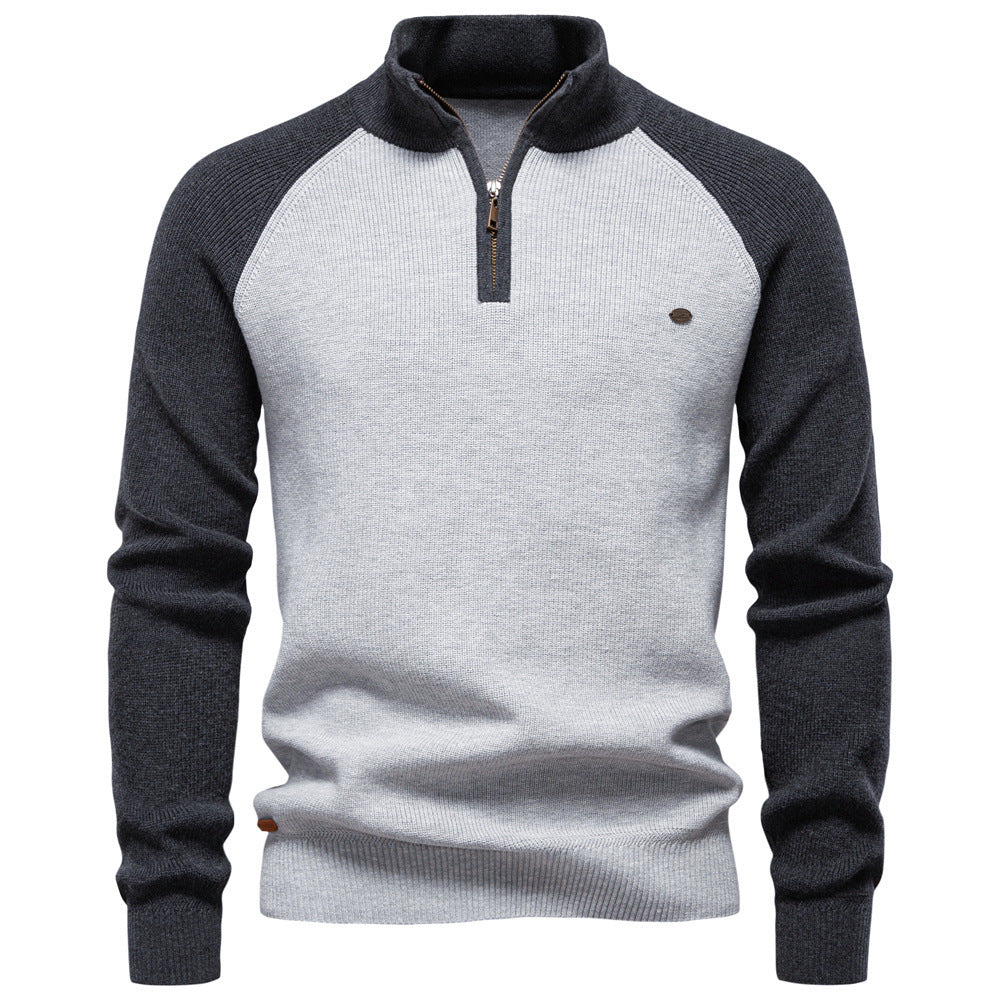 New Men's Long-Sleeve Autumn and Winter Versatile Stand Collar Casual Solid Color Sweater Half-Open Men's In-Stock Wholesale