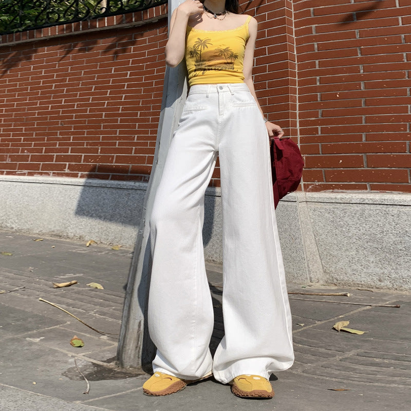 White Wide-Leg Jeans for Women 2025 Spring New High-Waisted Loose Slimming Look Lazy Draped Straight Floor-Length Pants