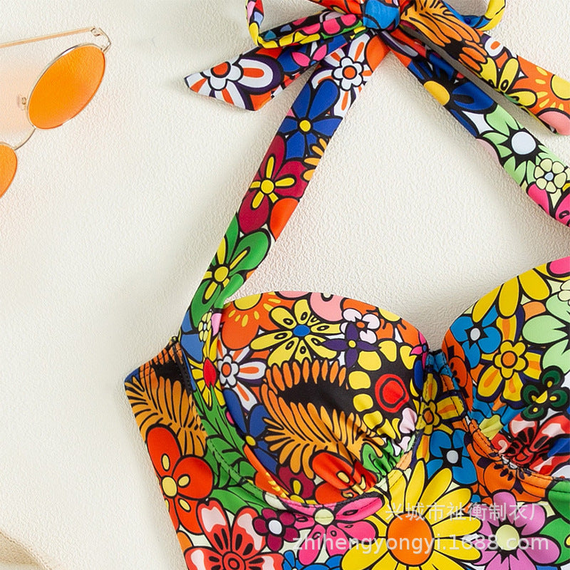 2023 New European and American Style Bikini Halter Neck Two-Piece Swimsuit for Women, Printed, Push-Up, Wholesale Swimwear