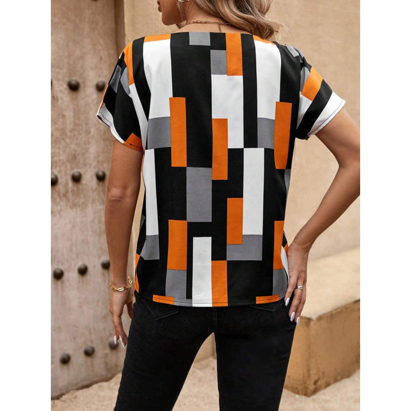 Foreign Trade New Cross-Border Blouses Geometric Print Slit Collar Shirt Short-Sleeved Top