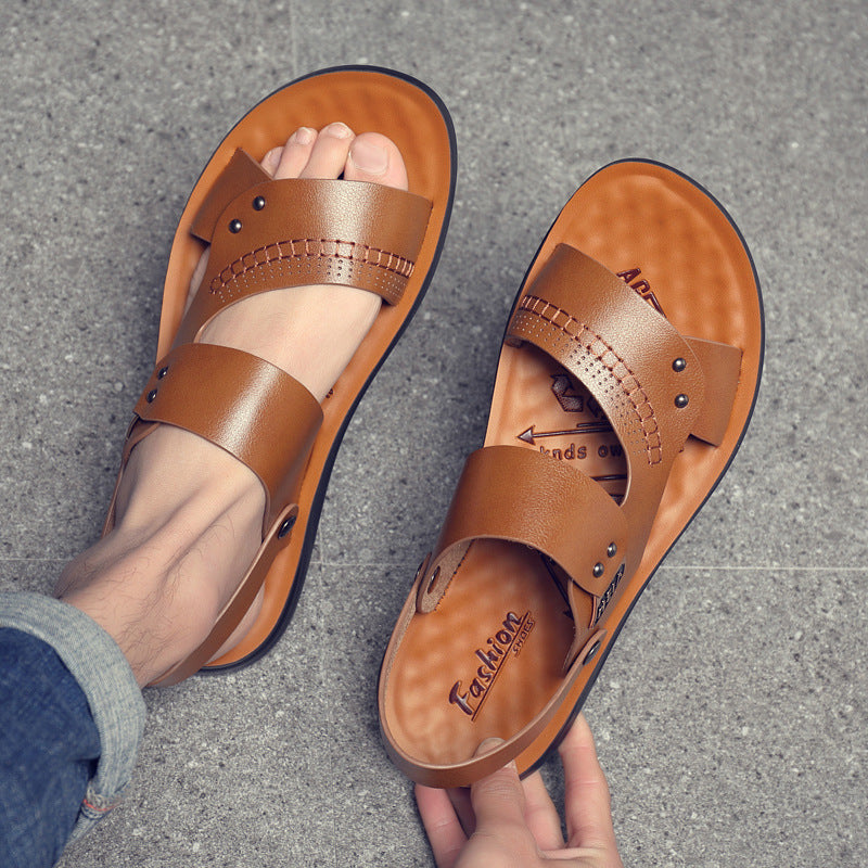 Sandals Men's 2025 Summer New Men's Soft Leather Casual Beach Shoes Two-Wear Fashion Slippers Polyurethane Sole Shoes