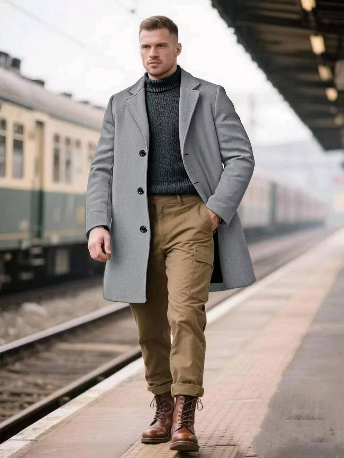 Cross-Border European Sizes Exclusively for European and American Hot-Selling Spring and Autumn Men's Lapel Slim Simple Solid Color Elegant Trench Coat