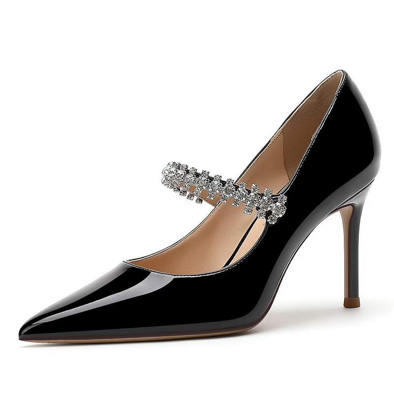 Rhinestone Pointed High Heels 2025 New White Wedding Shoes Patent Leather Nude Buckle Shoes Black Professional Shoes