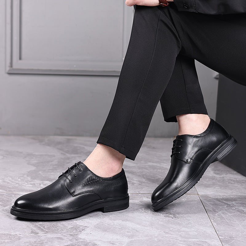 Men's Leather Shoes, Business Formal Wear, Genuine Leather Casual Shoes, Men's Black British Style Height-Increasing Versatile Work and Wedding Shoes