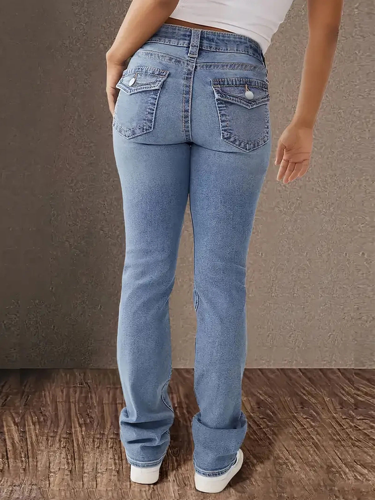 Women's Jeans, Retro Elastic Slimming Look Pants, Fashionable and Versatile Double-Button Design, Dark Blue Denim Trousers