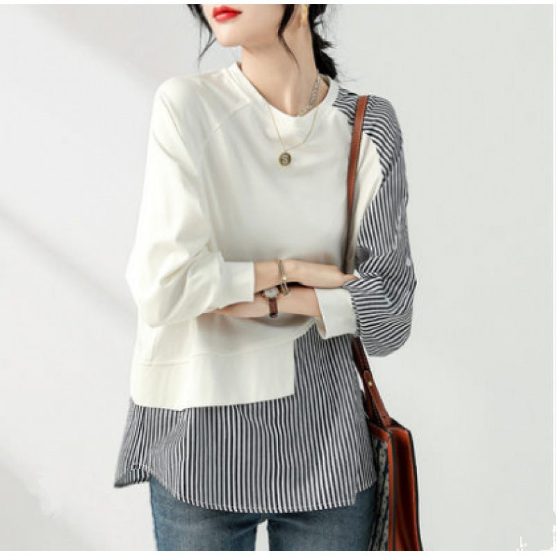 Eclectic Design Sense Niche Stitching Round Neck Sweater Women's Spring and Autumn New Irregular Striped Loose Cotton Top