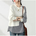 Eclectic Design Sense Niche Stitching Round Neck Sweater Women's Spring and Autumn New Irregular Striped Loose Cotton Top