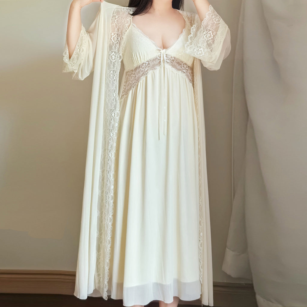 1510 Summer chubby girl plus size Pajamas Women 200 Jin Sexy Lace V-Neck Sling with Chest Pad Two-Piece Long Nightgown