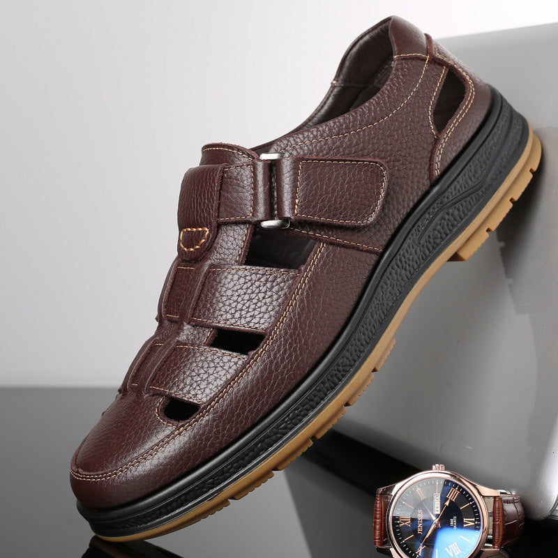 Summer Sandals Men's Leather Business Casual Hollow Hole Shoes Men's Breathable Dad Shoes Soft Sole Anti-slip Leather Sandals