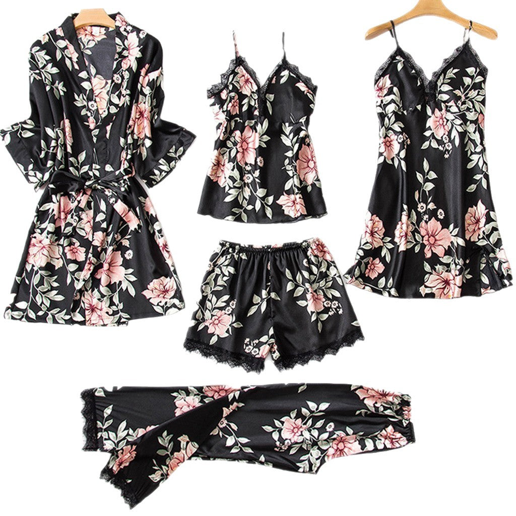 Pajama Manufacturer Wholesale Printed Women's Imitation Suspender Sleep Loose and Comfortable Lace Five-Piece Set Home Wear Underwear Nightgown
