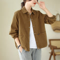 Real Shot of Cotton Jacket Women's Lapel Casual Versatile Loose Slimming Korean Style Autumn New Solid Color Long-Sleeved Jacket for Women