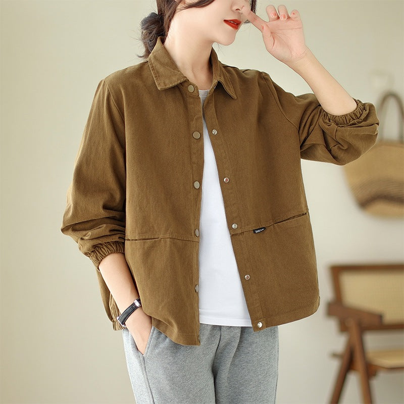 Real Shot of Cotton Jacket Women's Lapel Casual Versatile Loose Slimming Korean Style Autumn New Solid Color Long-Sleeved Jacket for Women