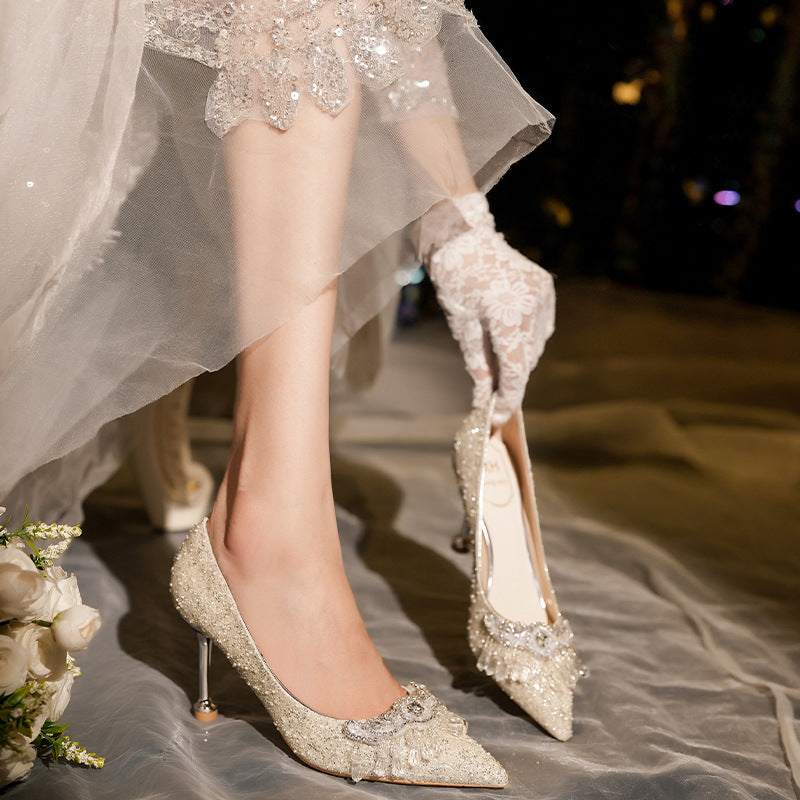 E888-152 High Heels Women's Stiletto Heels 2025 New Crystal Wedding Shoes Pointed Toe Rhinestone Shallow Mouth Flats Bridal Shoes