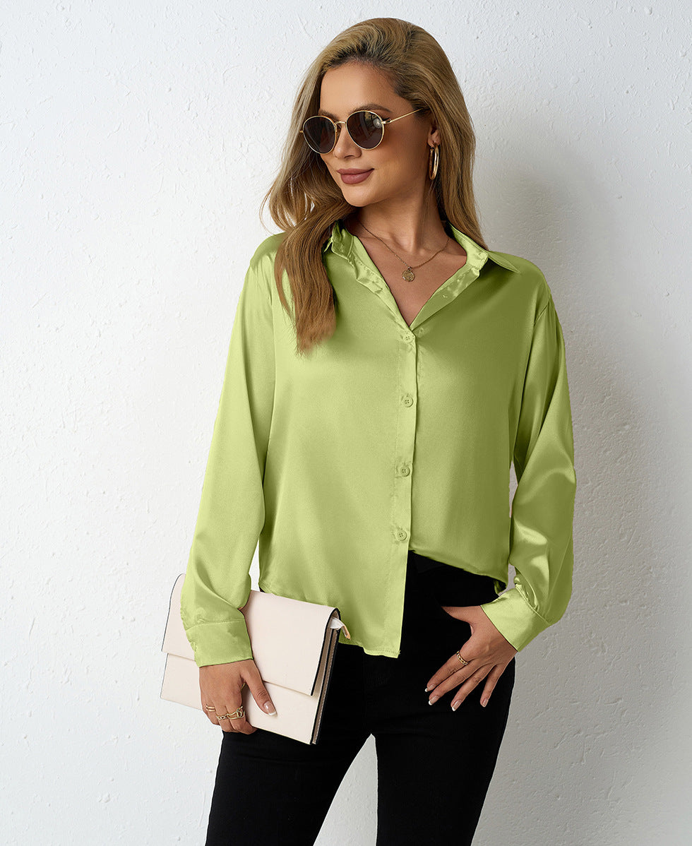 Real Shot of Cross-Border Women's Satin Shirts for Women, Simple V-Neck Cardigan Shirts, Amazon Women's Loose Tops