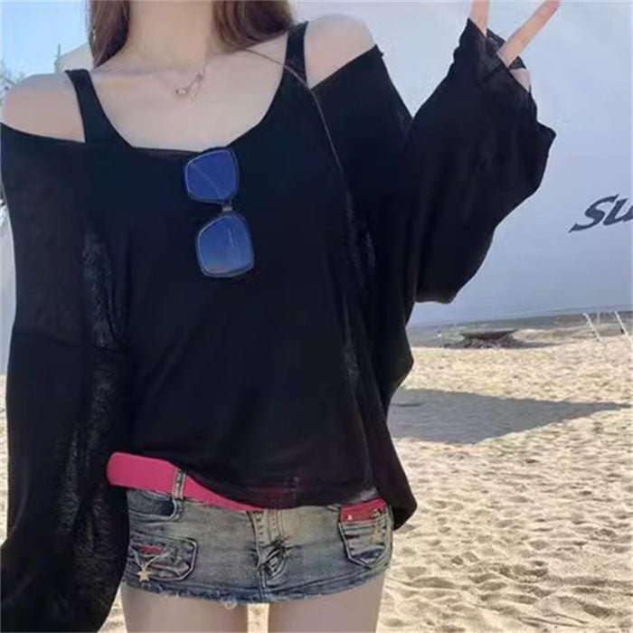 Beach Blouse Long-sleeved T-shirt Women's Spring and Autumn New Niche Seaside Vacation Outer Blouse Slightly Transparent All-match Top for Women