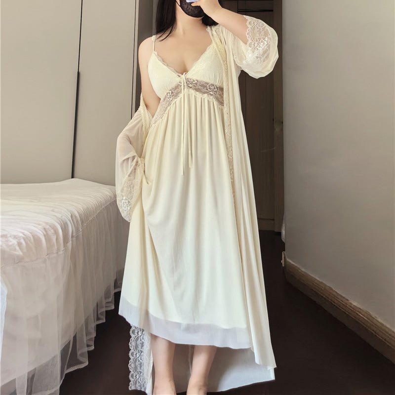 1510 Summer chubby girl plus size Pajamas Women 200 Jin Sexy Lace V-Neck Sling with Chest Pad Two-Piece Long Nightgown