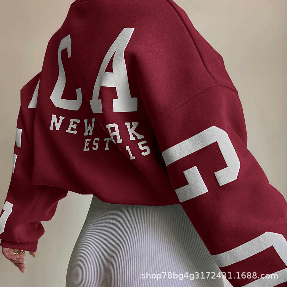 Autumn and Winter New Sweatshirt Women's Clothing Amazon Hot-Selling Loose Top Long-Sleeved Fleece-Lined Color-Blocked Ribbed Sweatshirt for Women