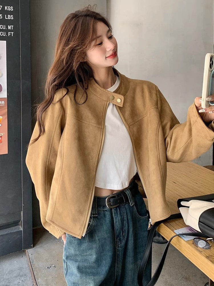 Khaki Suede Jacket Women's Short 2025 Autum New Korean Style Retro Casual Fashion Design Jacket