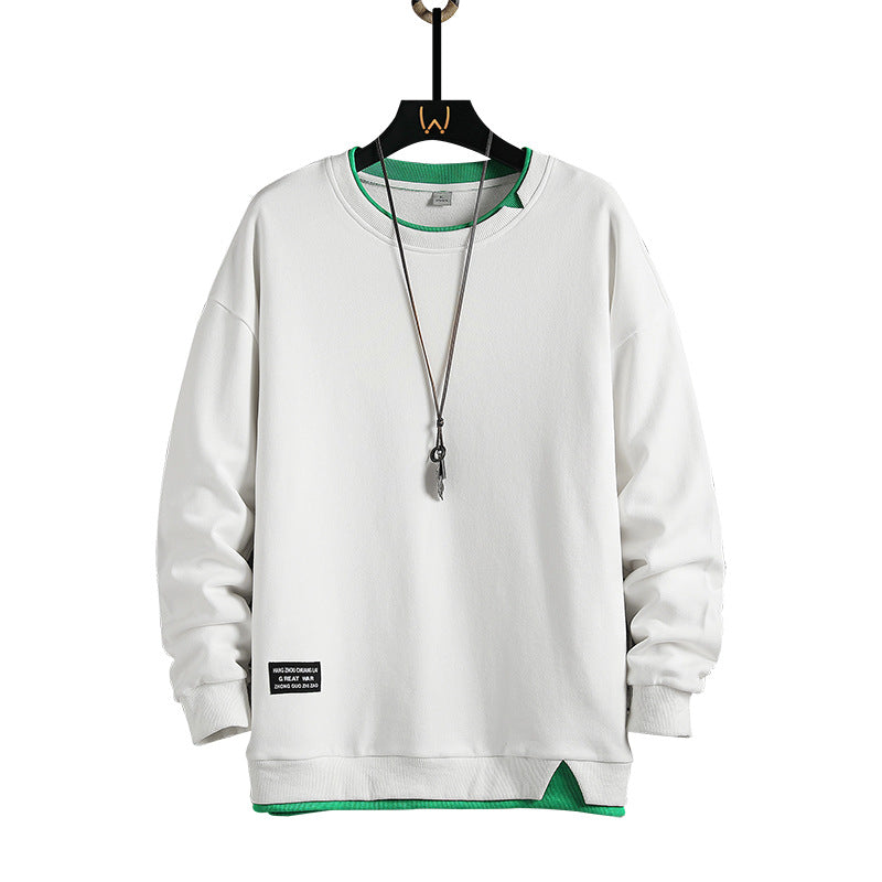 Fake Two-piece Stitching Heavy Round Neck Sweaters Men's Autumn and Winter Fashionable Ins All-match Long-sleeved T-shirt Top Men