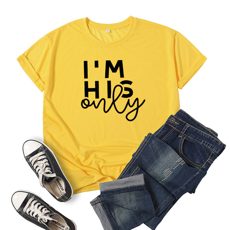 in stock Foreign Trade Cross-border I 'M HER ONE Couple Valentine's Day Printed Short-sleeved Crewneck T-shirt European and American Men and Women
