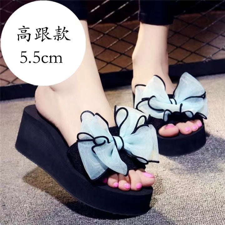 Mid-summer high-heeled slipper butterfly flower women's beach shoes thick-soled sandals and slippers Korean-style non-slip slippers for women