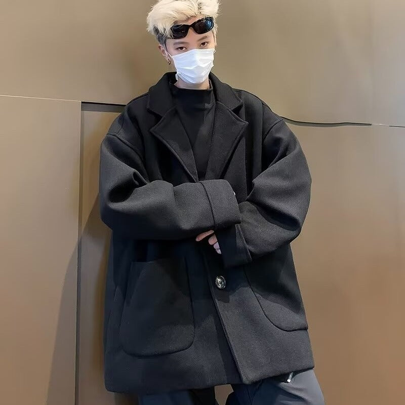 Japanese Solid Color Mid-length Woolen Coat Men's All-match High-end Casual Black Woolen Suit British Jacket