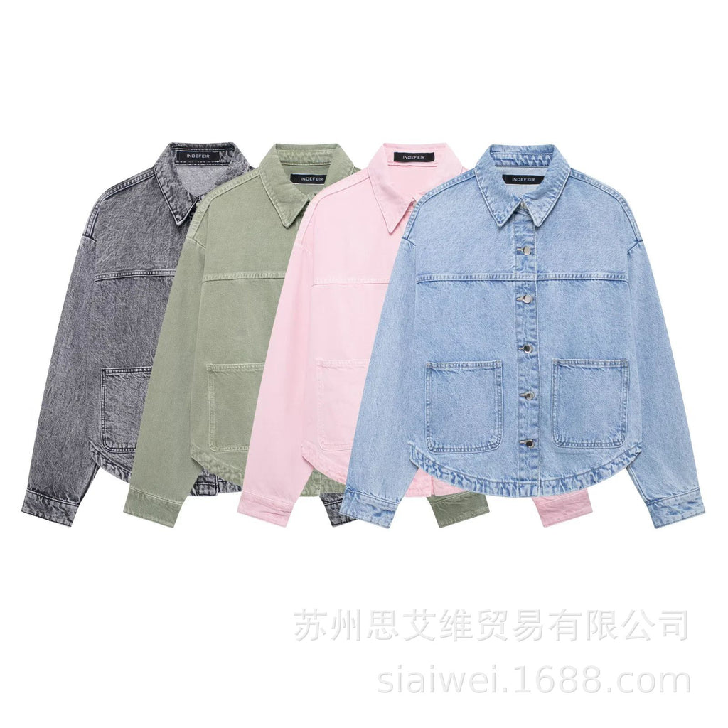 Aliexpress Exclusive New Women's Fashion Versatile Turn-Down Collar Single-Breasted Pocket Denim Shirt-Style Jacket