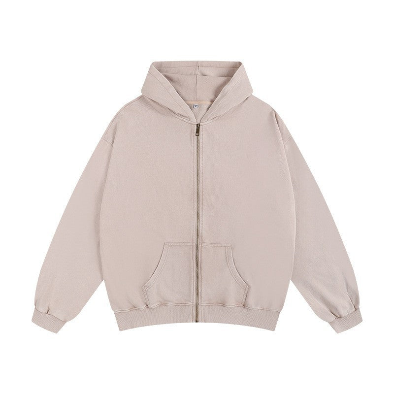 350g Distressed Zipper Hoodie for Men, Oversized Drop Shoulder Vintage Washed Heavy Terry Cardigan Jacket, Heavyweight Men's Clothing