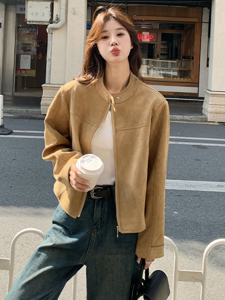 Khaki Suede Jacket Women's Short 2025 Autum New Korean Style Retro Casual Fashion Design Jacket