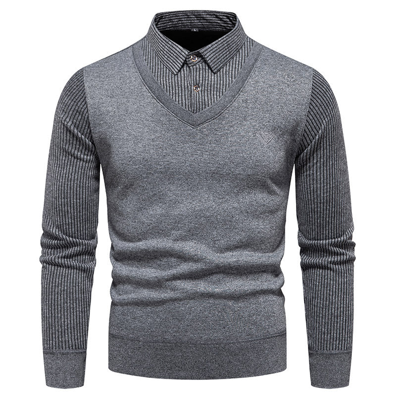 Foreign trade winter men's sweater sweater bottoming shirt fleece-lined fake two-piece shirt collar thickened warm cotton sweater men