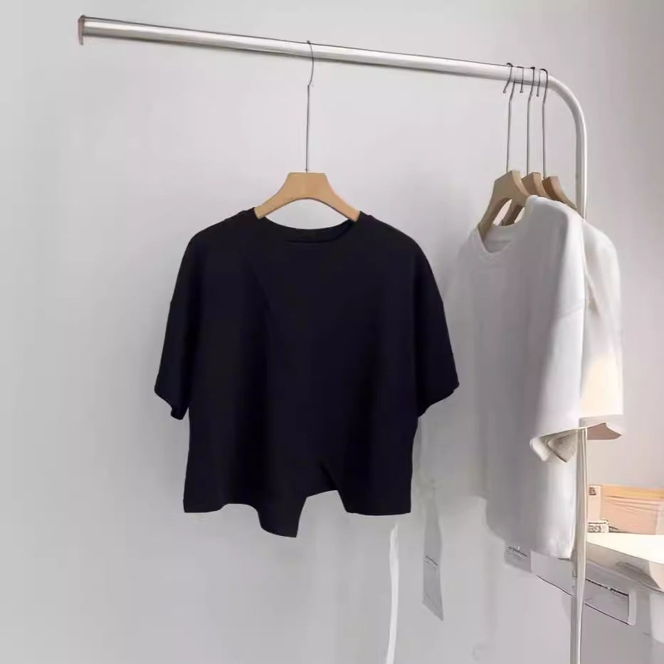 European-Style Regular Shoulder Short-Sleeve T-Shirt for Women, 2026 Summer New Plus-Size Slimming Top for Curvy Women, Tummy-Concealing with Irregular Slit Design