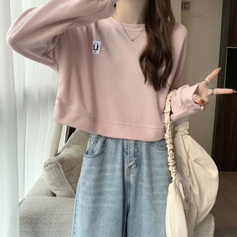 Short Sweatshirt for Women, Spring and Autumn Thin Style, 2025 New Korean Version, Loose Fit, Versatile for Students, Hong Kong Style Chic, Hoodless Top