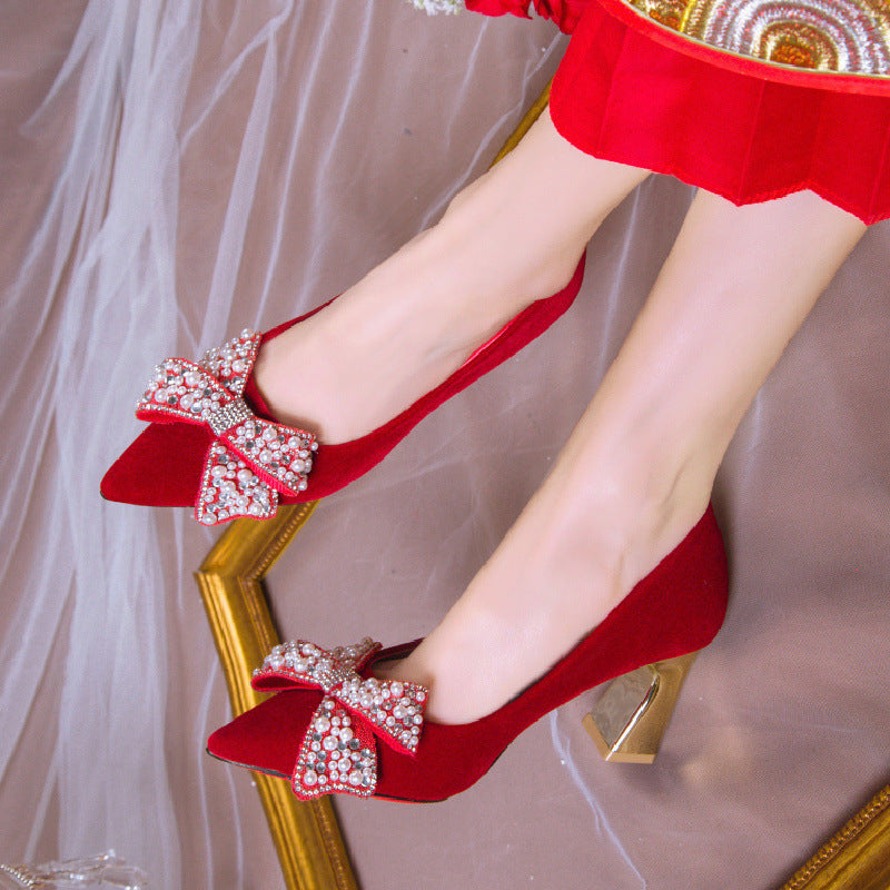 Red Wedding Shoes Women's 2022 New Pearl Bow High Heels Pointed Thick Heel Shoes Xiuhe Shoes Spot Hair