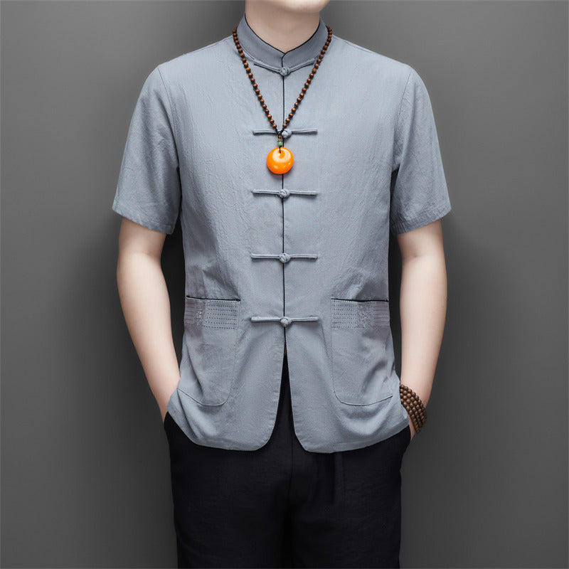 New Tang Suit Men's Tops, New Chinese Style Ancient Style Summer Clothes, Short-Sleeved Summer Suits for Middle-Aged and Elderly People, Dad's Summer Suits