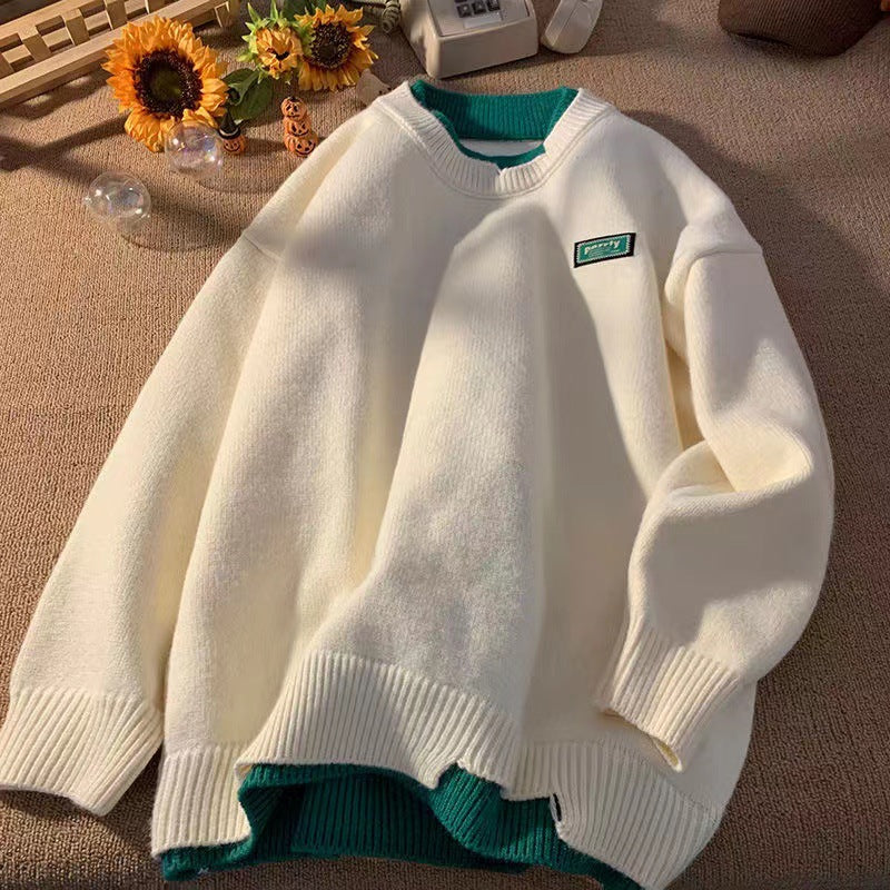 Japanese Fake Two-piece Sweater Men's Autumn and Winter Crewneck Sweater Winter Men's Youth Popular Sweater