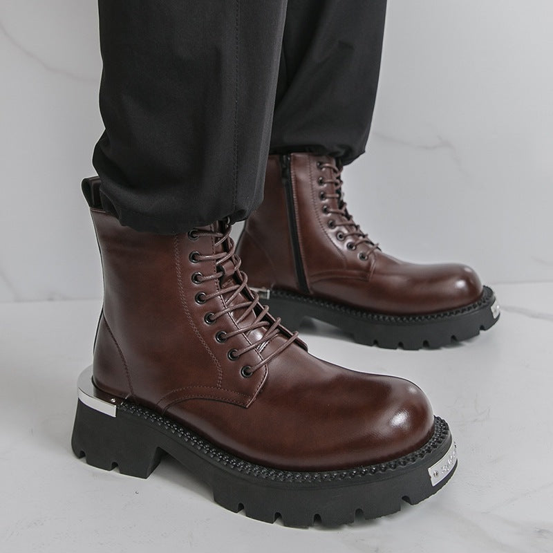 Cross-Border Men's Thick-Soled Heightening Lace-Up Leather Boots British Style Formal Casual Shoes High-Top Leather Shoes Short Boots Large Size Men's Shoes